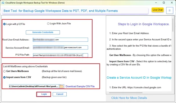 choose to log in with p12 or a JSON file